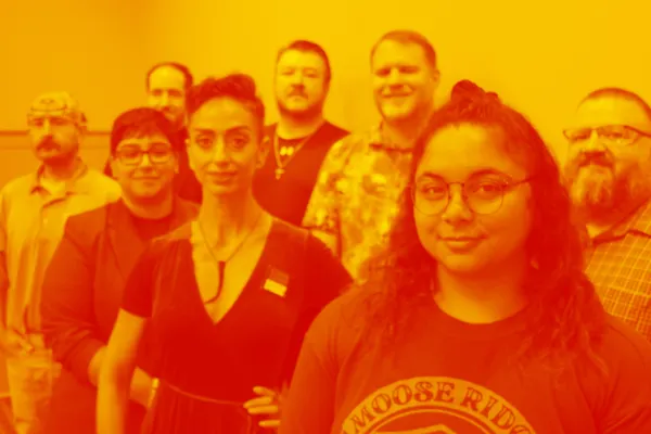 Wells Fargo Workers United members, yellow and red duotone