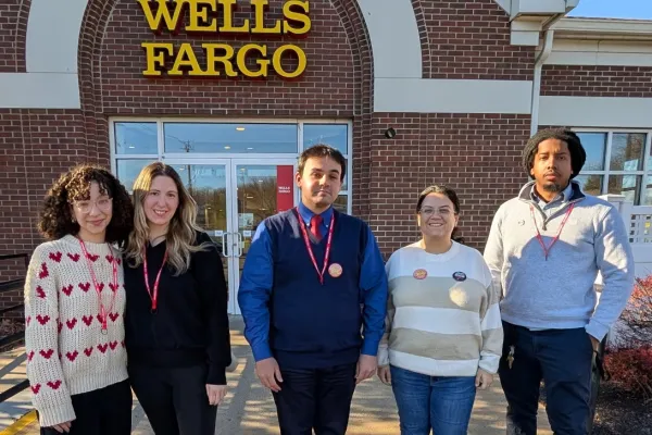 Five workers stand outside Wells Fargo Branch: Wells Fargo Branch Workers in Wallingford File for Union Election with Communications Workers of America